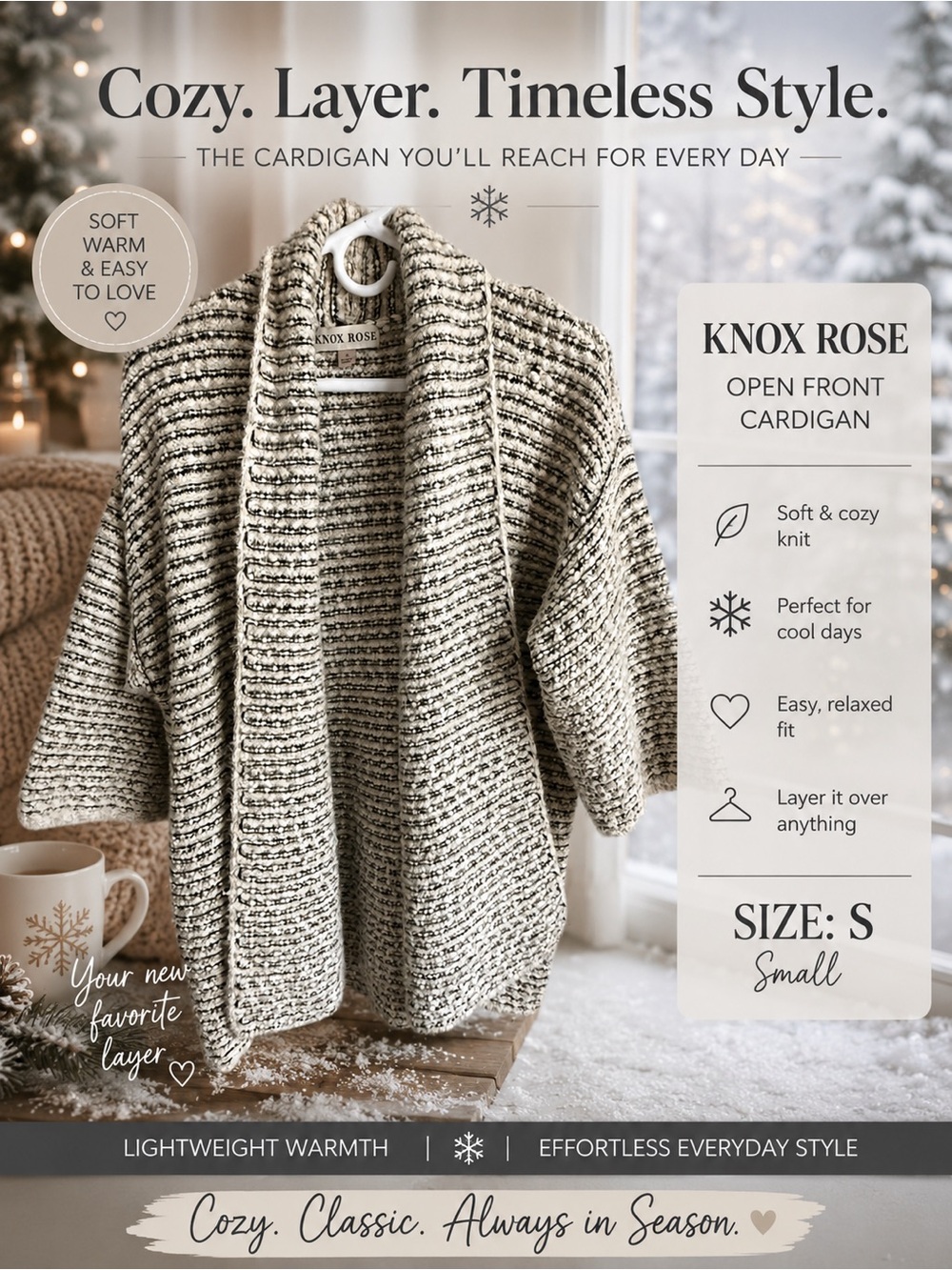 Knox Rose Cream and Black Striped Open-Front Shawl Cardigan